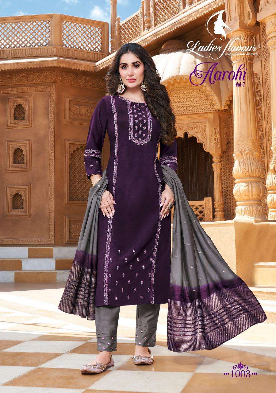 Aarohi Vol-7 By Ladies Flavour 1001 To 1006 Series Beautiful Suits Stylish Fancy Colorful Casual Wear & Ethnic Wear Chinnon Embroidered Dresses At Wholesale Price
