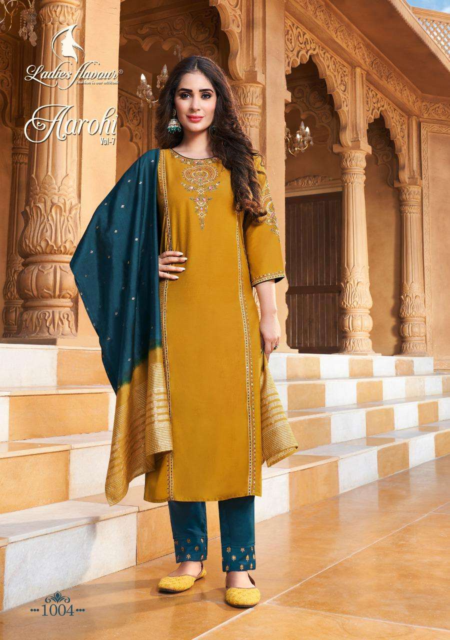 Aarohi Vol-7 By Ladies Flavour 1001 To 1006 Series Beautiful Suits Stylish Fancy Colorful Casual Wear & Ethnic Wear Chinnon Embroidered Dresses At Wholesale Price