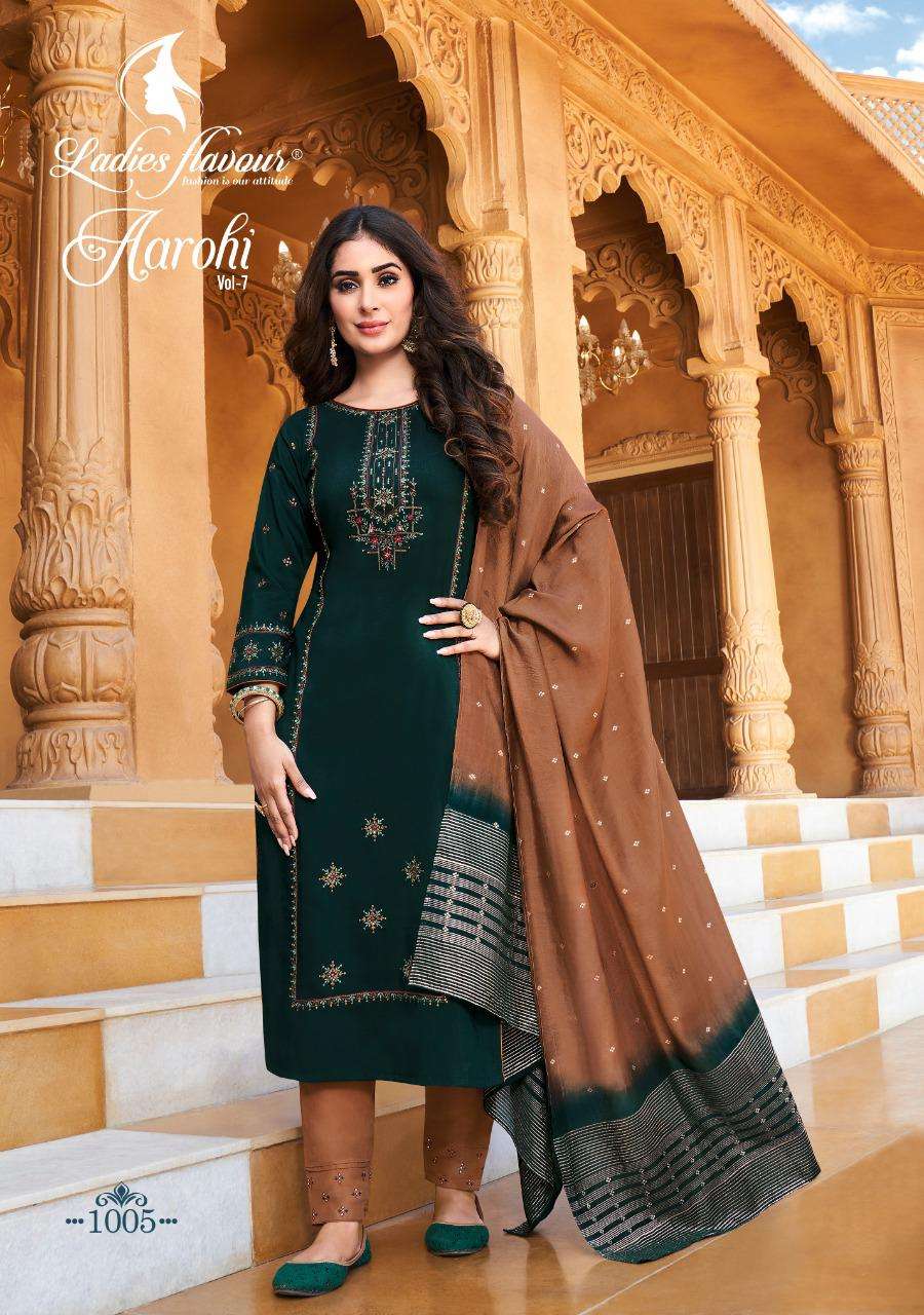 Aarohi Vol-7 By Ladies Flavour 1001 To 1006 Series Beautiful Suits Stylish Fancy Colorful Casual Wear & Ethnic Wear Chinnon Embroidered Dresses At Wholesale Price