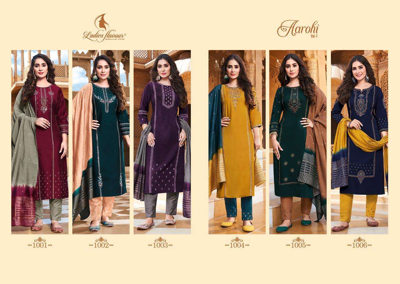 Aarohi Vol-7 By Ladies Flavour 1001 To 1006 Series Beautiful Suits Stylish Fancy Colorful Casual Wear & Ethnic Wear Chinnon Embroidered Dresses At Wholesale Price