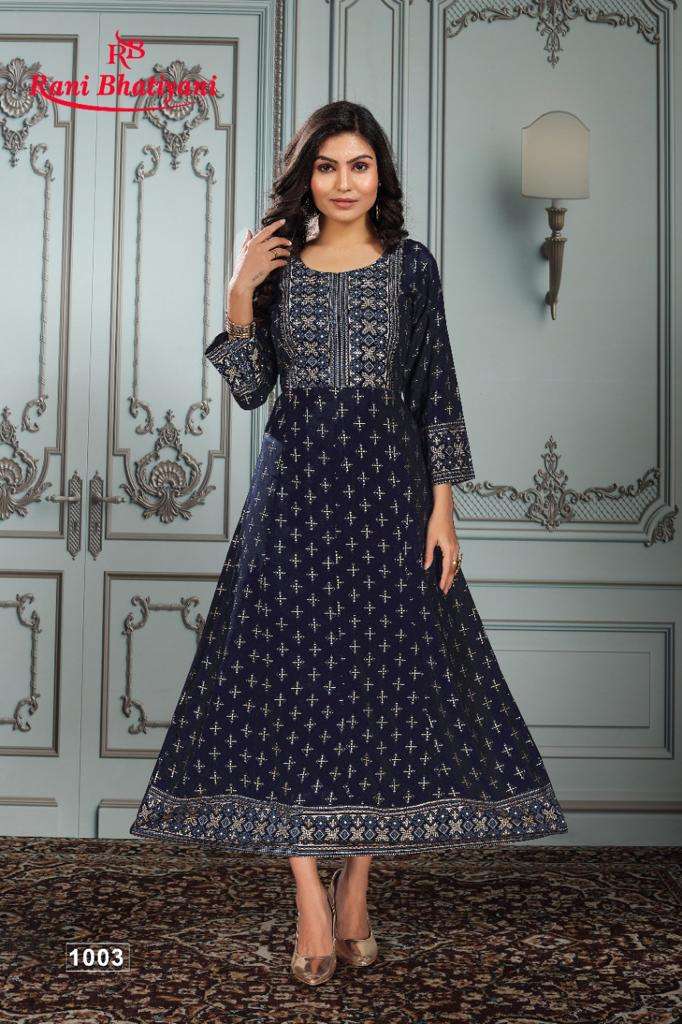 KGF VOL-2 BY RANI BHATIYANI 1001 TO 1008 SERIES BEAUTIFUL STYLISH FANCY COLORFUL CASUAL WEAR & ETHNIC WEAR RAYON PRINT GOWNS AT WHOLESALE PRICE