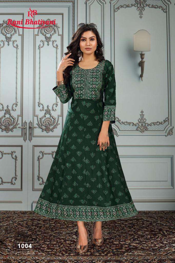 KGF VOL-2 BY RANI BHATIYANI 1001 TO 1008 SERIES BEAUTIFUL STYLISH FANCY COLORFUL CASUAL WEAR & ETHNIC WEAR RAYON PRINT GOWNS AT WHOLESALE PRICE