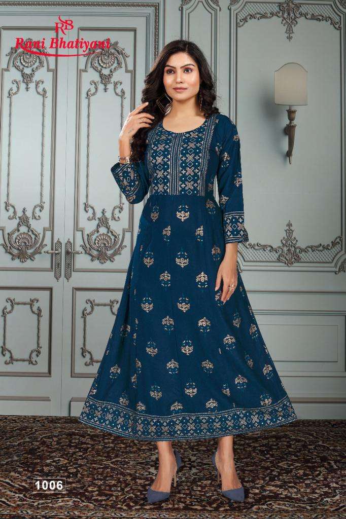 KGF VOL-2 BY RANI BHATIYANI 1001 TO 1008 SERIES BEAUTIFUL STYLISH FANCY COLORFUL CASUAL WEAR & ETHNIC WEAR RAYON PRINT GOWNS AT WHOLESALE PRICE