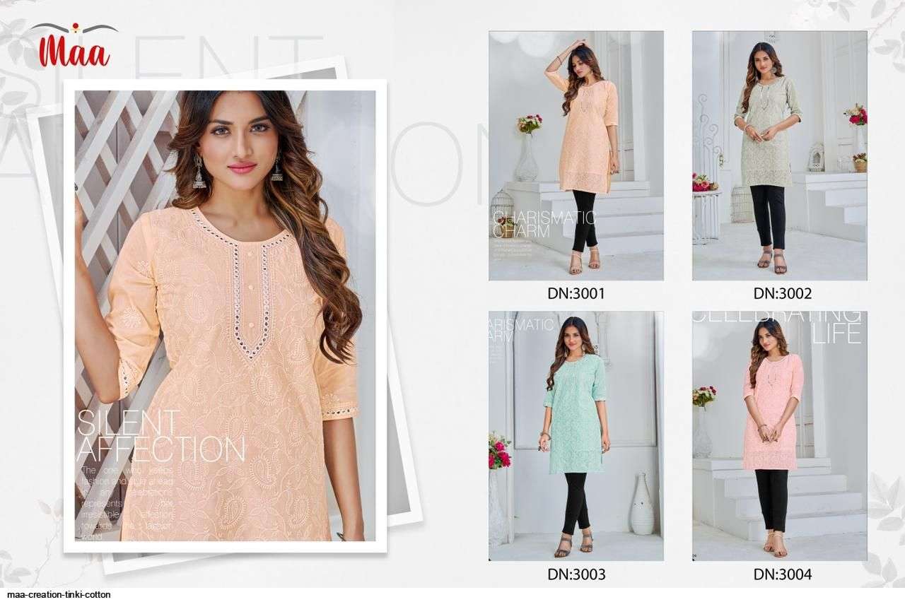 TINKI BY MAA CREATION 3001 TO 3004 SERIES DESIGNER STYLISH FANCY COLORFUL BEAUTIFUL PARTY WEAR & ETHNIC WEAR COLLECTION COTTON EMBROIDERED KURTIS AT WHOLESALE PRICE