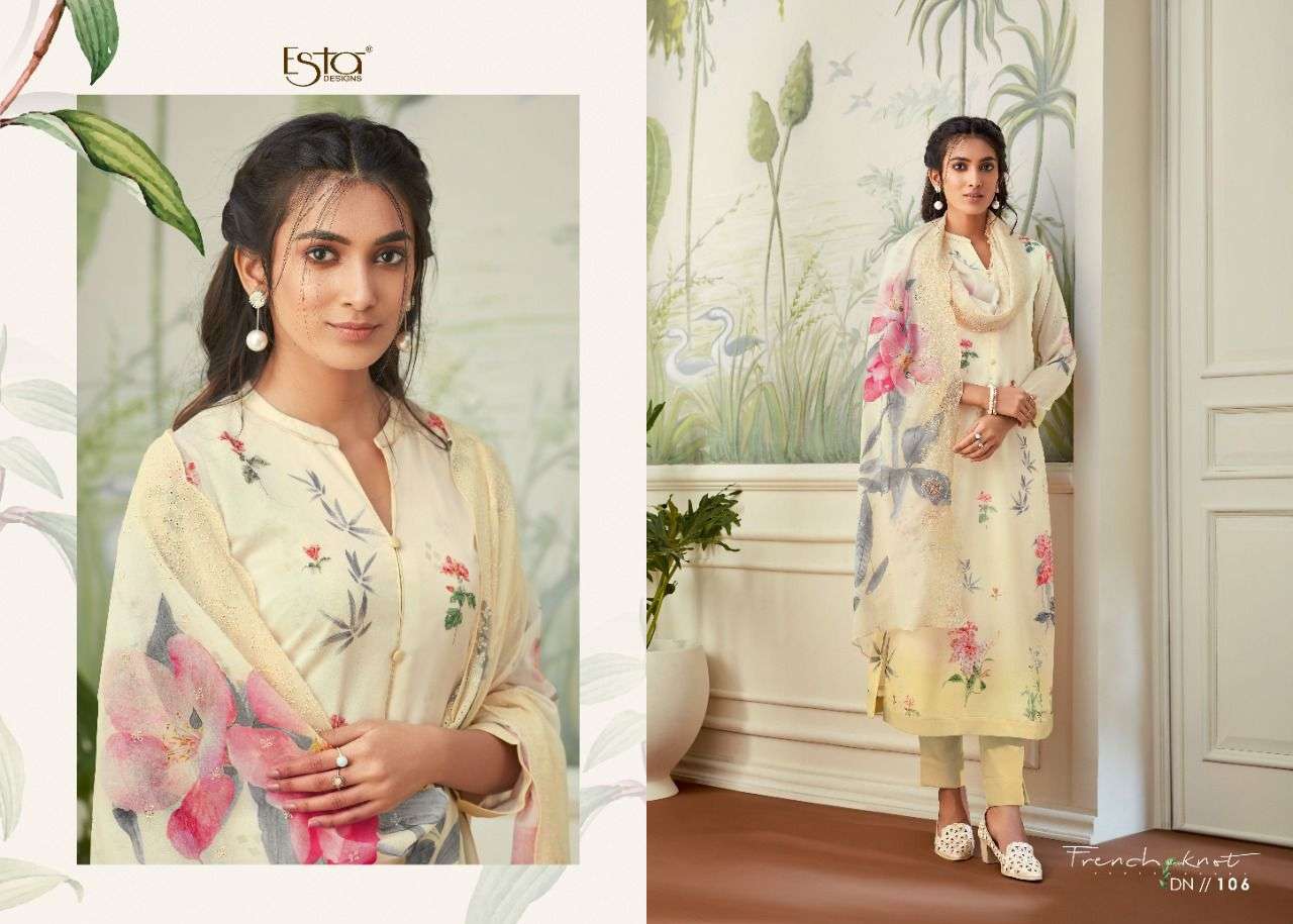 FRENCH KNOT BY ESTA DESIGNS 101 TO 110 SERIES BEAUTIFUL SUITS COLORFUL STYLISH FANCY CASUAL WEAR & ETHNIC WEAR HEAVY GEORGETTE DRESSES AT WHOLESALE PRICE