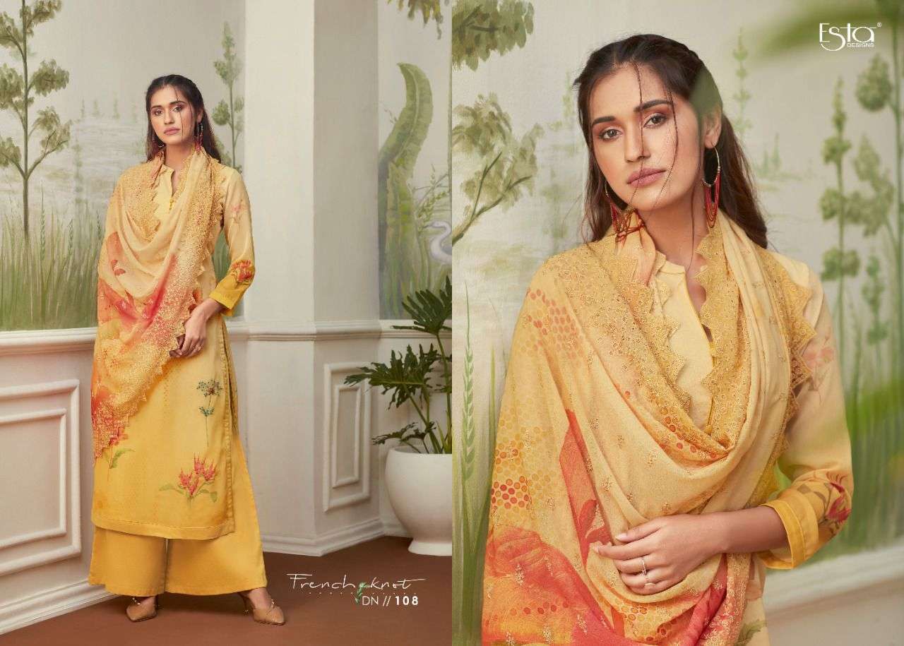 FRENCH KNOT BY ESTA DESIGNS 101 TO 110 SERIES BEAUTIFUL SUITS COLORFUL STYLISH FANCY CASUAL WEAR & ETHNIC WEAR HEAVY GEORGETTE DRESSES AT WHOLESALE PRICE