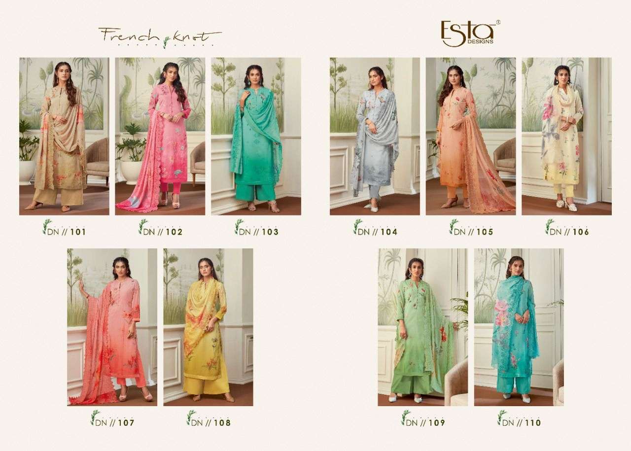 FRENCH KNOT BY ESTA DESIGNS 101 TO 110 SERIES BEAUTIFUL SUITS COLORFUL STYLISH FANCY CASUAL WEAR & ETHNIC WEAR HEAVY GEORGETTE DRESSES AT WHOLESALE PRICE