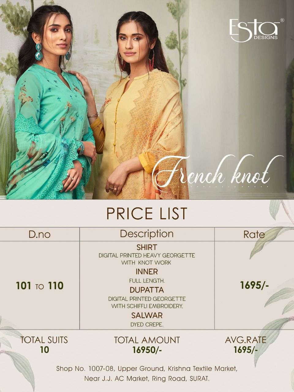 FRENCH KNOT BY ESTA DESIGNS 101 TO 110 SERIES BEAUTIFUL SUITS COLORFUL STYLISH FANCY CASUAL WEAR & ETHNIC WEAR HEAVY GEORGETTE DRESSES AT WHOLESALE PRICE