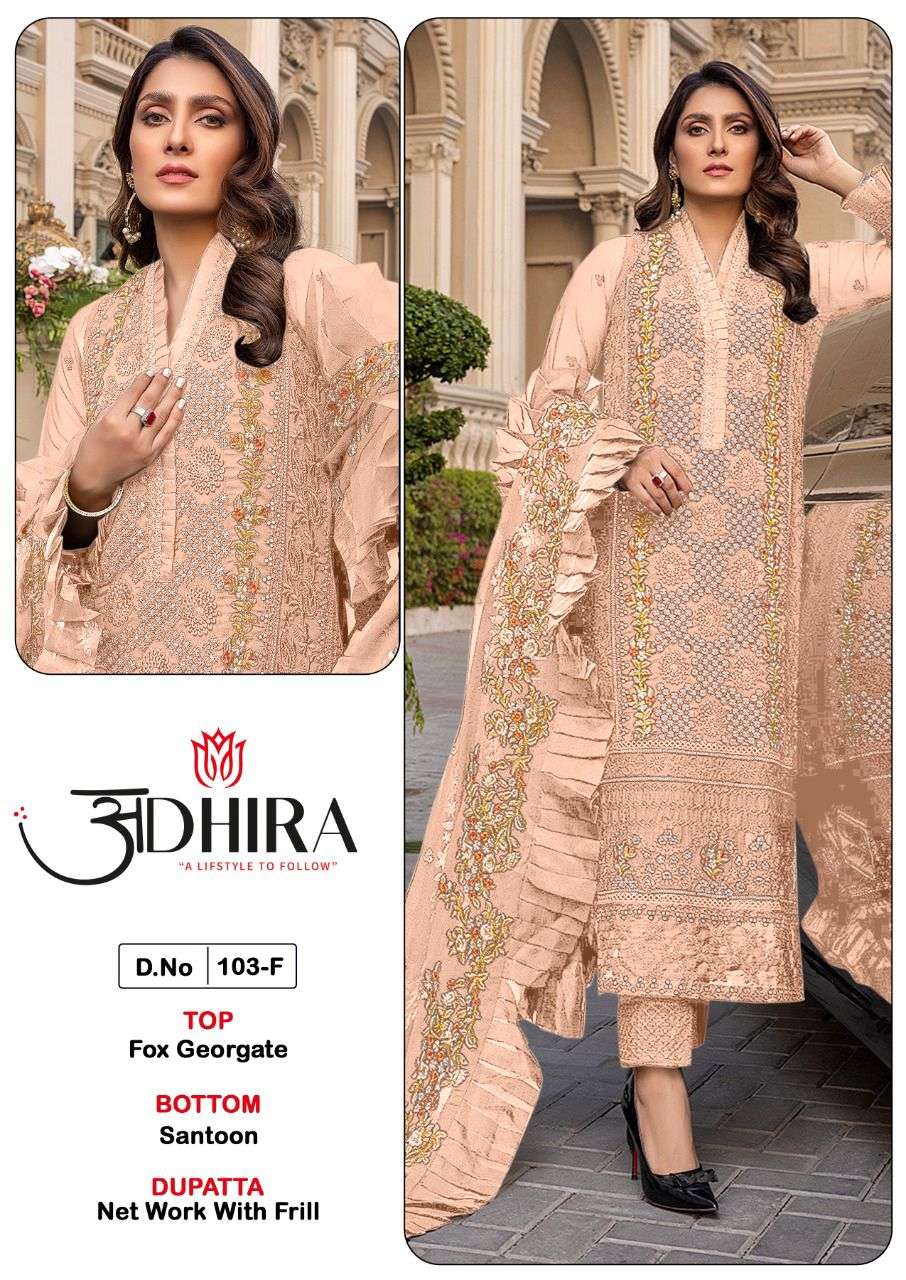 ADHIRA 103 COLOURS BY ADHIRA 103-D TO 103-F SERIES DESIGNER PAKISTANI SUITS BEAUTIFUL STYLISH FANCY COLORFUL PARTY WEAR & OCCASIONAL WEAR HEAVY FAUX GEORGETTE DRESSES AT WHOLESALE PRICE