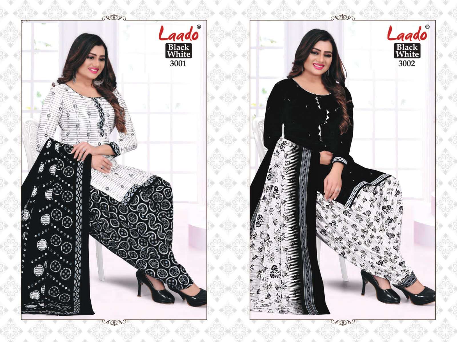 BLACK AND WHITE VOL-3 BY LAADO 3001 TO 3010 SERIES BEAUTIFUL SUITS COLORFUL STYLISH FANCY CASUAL WEAR & ETHNIC WEAR PURE COTTON DRESSES AT WHOLESALE PRICE
