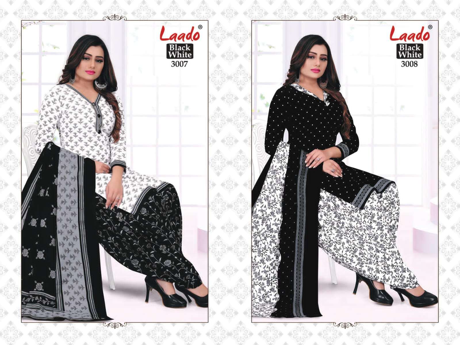 BLACK AND WHITE VOL-3 BY LAADO 3001 TO 3010 SERIES BEAUTIFUL SUITS COLORFUL STYLISH FANCY CASUAL WEAR & ETHNIC WEAR PURE COTTON DRESSES AT WHOLESALE PRICE