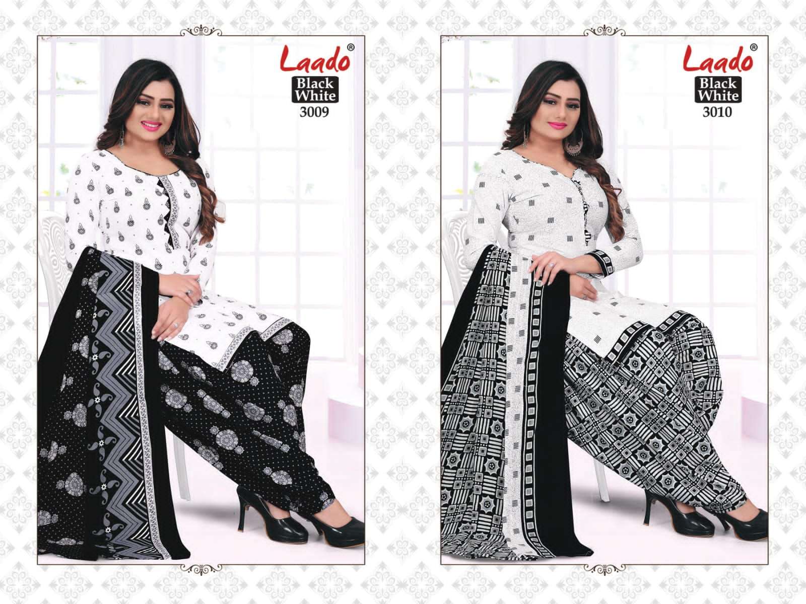 BLACK AND WHITE VOL-3 BY LAADO 3001 TO 3010 SERIES BEAUTIFUL SUITS COLORFUL STYLISH FANCY CASUAL WEAR & ETHNIC WEAR PURE COTTON DRESSES AT WHOLESALE PRICE