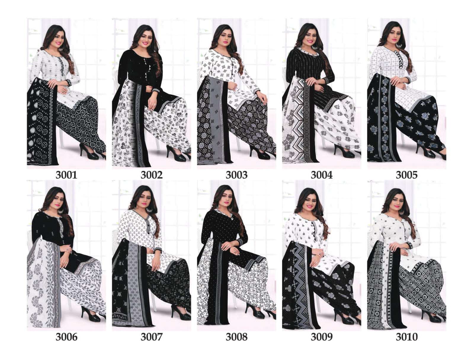 BLACK AND WHITE VOL-3 BY LAADO 3001 TO 3010 SERIES BEAUTIFUL SUITS COLORFUL STYLISH FANCY CASUAL WEAR & ETHNIC WEAR PURE COTTON DRESSES AT WHOLESALE PRICE