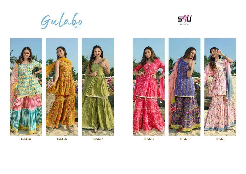 GULABO VOL-4 BY S4U FASHION 4-A TO 4-F SERIES BEAUTIFUL SHARARA SUITS COLORFUL STYLISH FANCY CASUAL WEAR & ETHNIC WEAR COTTON DRESSES AT WHOLESALE PRICE