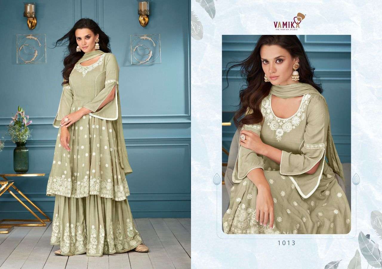 LAKHNAVI VOL-3 BY VAMIKA 1013 TO 1018 SERIES BEAUTIFUL SHARARA SUITS COLORFUL STYLISH FANCY CASUAL WEAR & ETHNIC WEAR RAYON WITH WORK DRESSES AT WHOLESALE PRICE