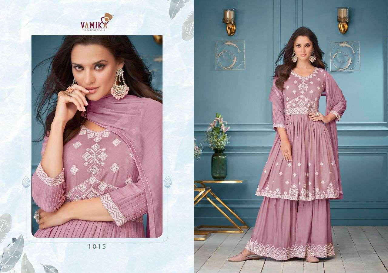 LAKHNAVI VOL-3 BY VAMIKA 1013 TO 1018 SERIES BEAUTIFUL SHARARA SUITS COLORFUL STYLISH FANCY CASUAL WEAR & ETHNIC WEAR RAYON WITH WORK DRESSES AT WHOLESALE PRICE