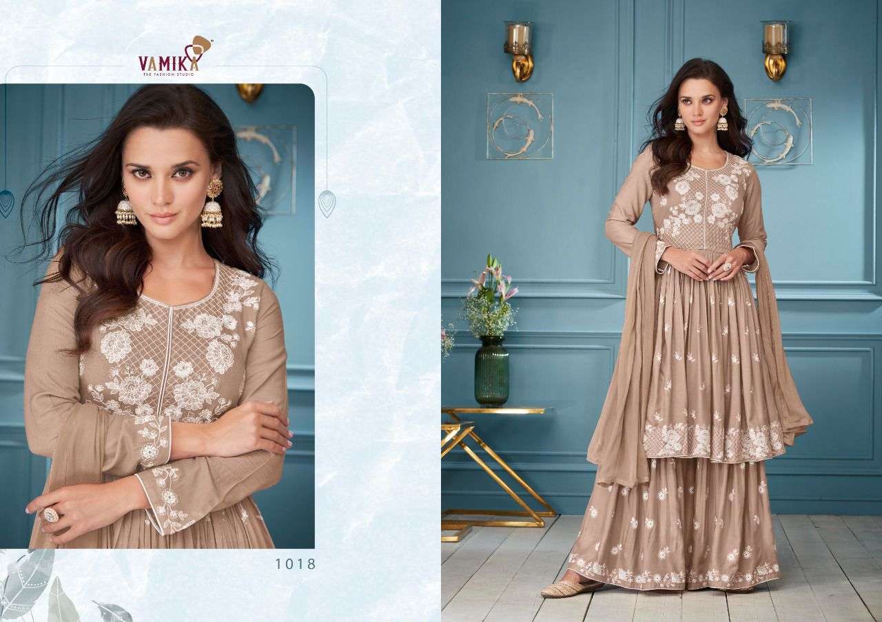 LAKHNAVI VOL-3 BY VAMIKA 1013 TO 1018 SERIES BEAUTIFUL SHARARA SUITS COLORFUL STYLISH FANCY CASUAL WEAR & ETHNIC WEAR RAYON WITH WORK DRESSES AT WHOLESALE PRICE