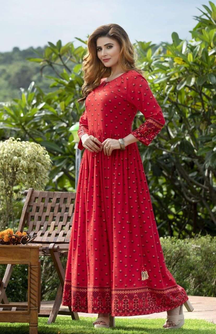 NAYARA BY MAJISHA NX 101 TO 108 SERIES BEAUTIFUL STYLISH FANCY COLORFUL CASUAL WEAR & ETHNIC WEAR RAYON FOIL PRINT GOWNS AT WHOLESALE PRICE