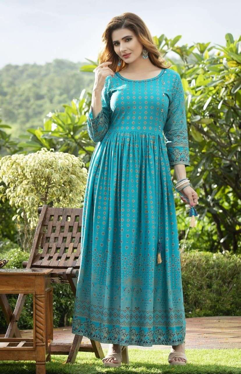 NAYARA BY MAJISHA NX 101 TO 108 SERIES BEAUTIFUL STYLISH FANCY COLORFUL CASUAL WEAR & ETHNIC WEAR RAYON FOIL PRINT GOWNS AT WHOLESALE PRICE