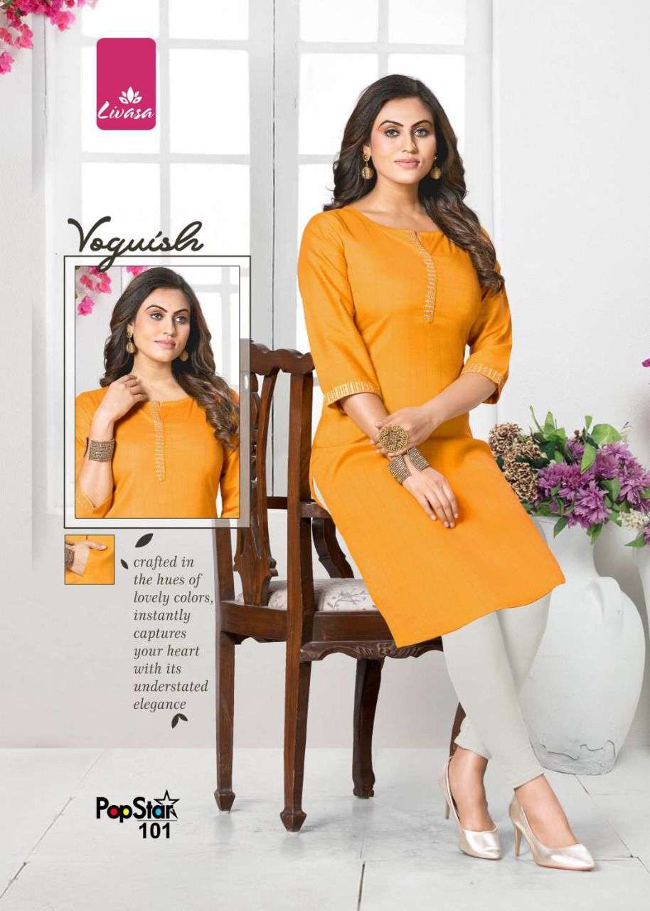 POP STAR BY LIVASA 101 TO 106 SERIES DESIGNER STYLISH FANCY COLORFUL BEAUTIFUL PARTY WEAR & ETHNIC WEAR COLLECTION RAYON WITH WORK KURTIS AT WHOLESALE PRICE