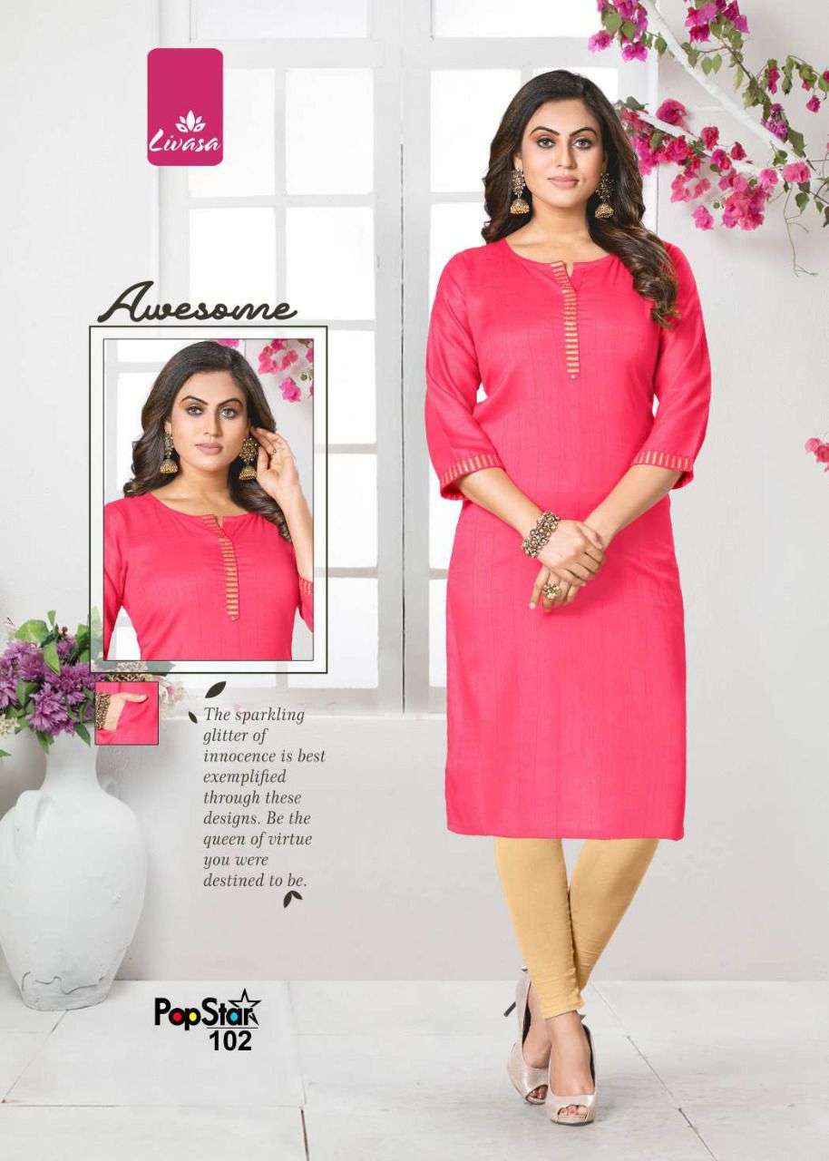 POP STAR BY LIVASA 101 TO 106 SERIES DESIGNER STYLISH FANCY COLORFUL BEAUTIFUL PARTY WEAR & ETHNIC WEAR COLLECTION RAYON WITH WORK KURTIS AT WHOLESALE PRICE