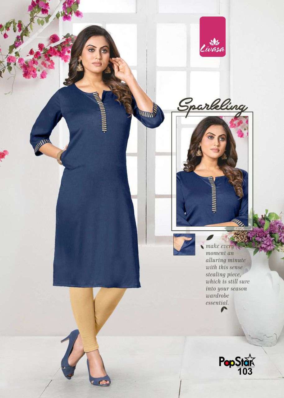POP STAR BY LIVASA 101 TO 106 SERIES DESIGNER STYLISH FANCY COLORFUL BEAUTIFUL PARTY WEAR & ETHNIC WEAR COLLECTION RAYON WITH WORK KURTIS AT WHOLESALE PRICE