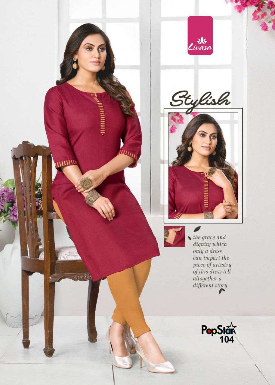 POP STAR BY LIVASA 101 TO 106 SERIES DESIGNER STYLISH FANCY COLORFUL BEAUTIFUL PARTY WEAR & ETHNIC WEAR COLLECTION RAYON WITH WORK KURTIS AT WHOLESALE PRICE