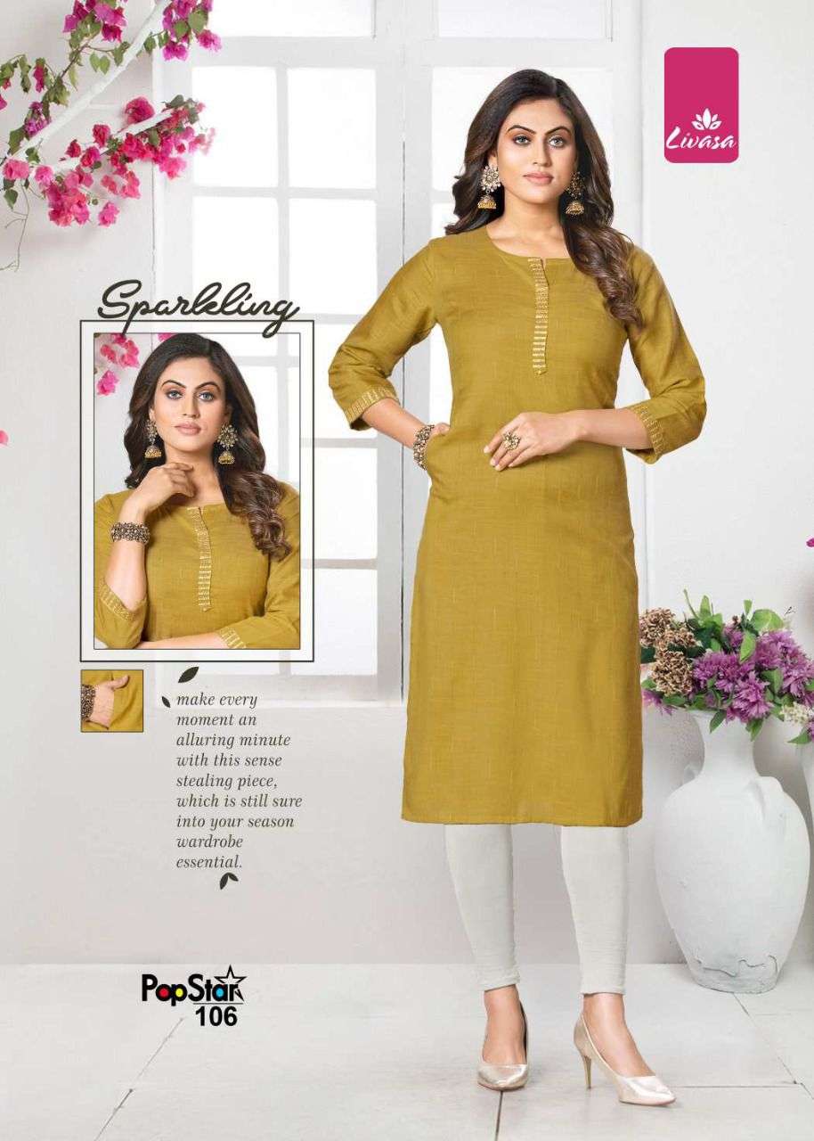 POP STAR BY LIVASA 101 TO 106 SERIES DESIGNER STYLISH FANCY COLORFUL BEAUTIFUL PARTY WEAR & ETHNIC WEAR COLLECTION RAYON WITH WORK KURTIS AT WHOLESALE PRICE