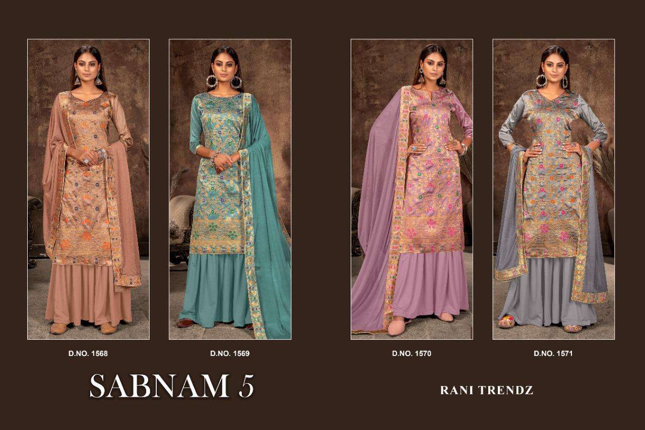 SABNAM VOL-5 BY RANI TRENDZ 1036 TO 1039 SERIES BEAUTIFUL SHARARA SUITS COLORFUL STYLISH FANCY CASUAL WEAR & ETHNIC WEAR DOLA JACQUARD DRESSES AT WHOLESALE PRICE
