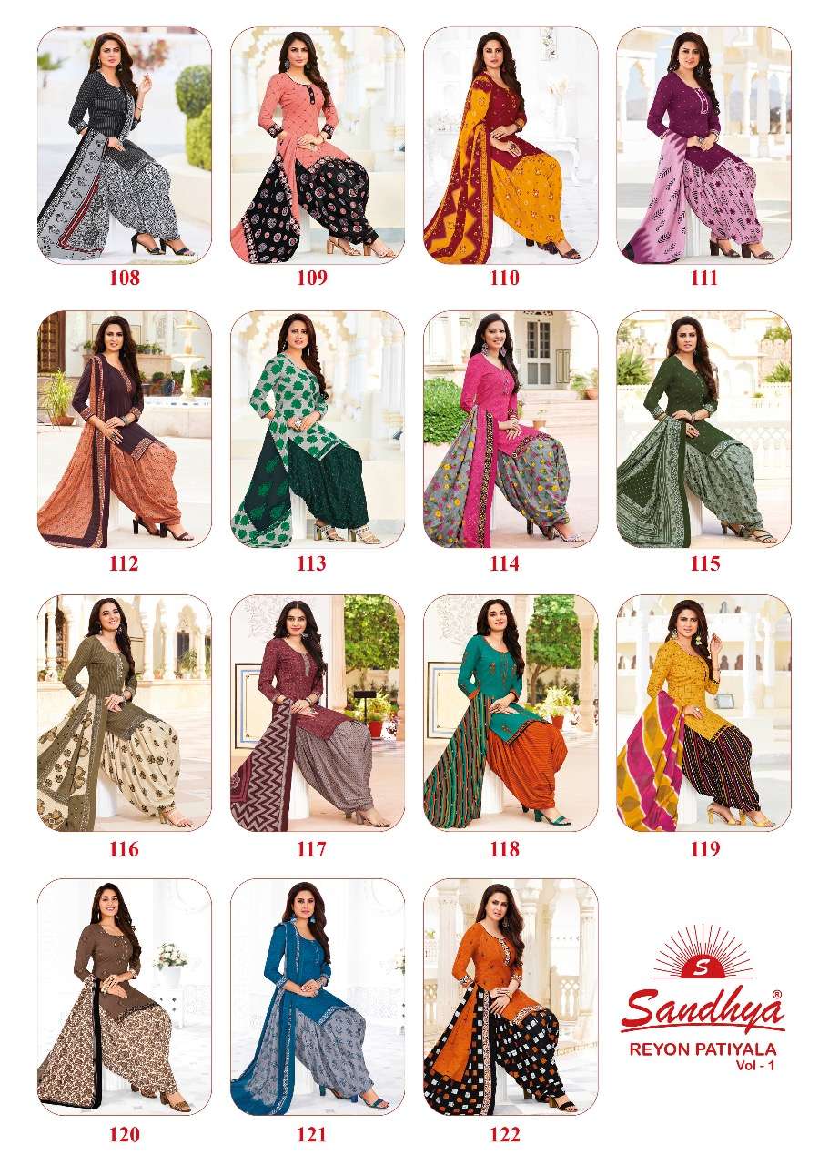REYON PATIYALA VOL-1 BY SANDHYA 108 TO 122 SERIES BEAUTIFUL SUITS COLORFUL STYLISH FANCY CASUAL WEAR & ETHNIC WEAR RAYON PRINT DRESSES AT WHOLESALE PRICE