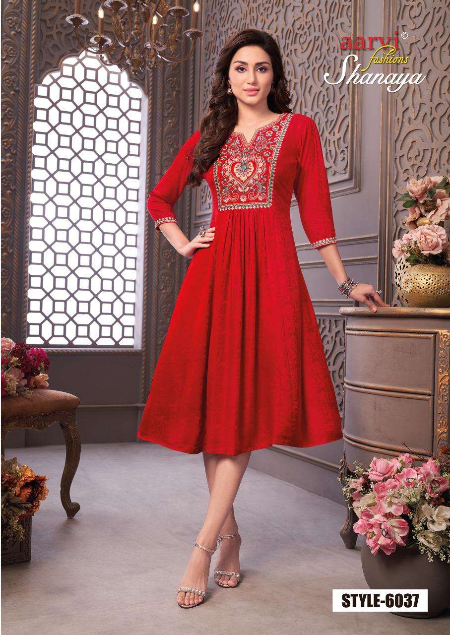 SHANAYA VOL-4 BY AARVI FASHION 6037 TO 6041 SERIES DESIGNER STYLISH FANCY COLORFUL BEAUTIFUL PARTY WEAR & ETHNIC WEAR COLLECTION RAYON JACQUARD KURTIS AT WHOLESALE PRICE