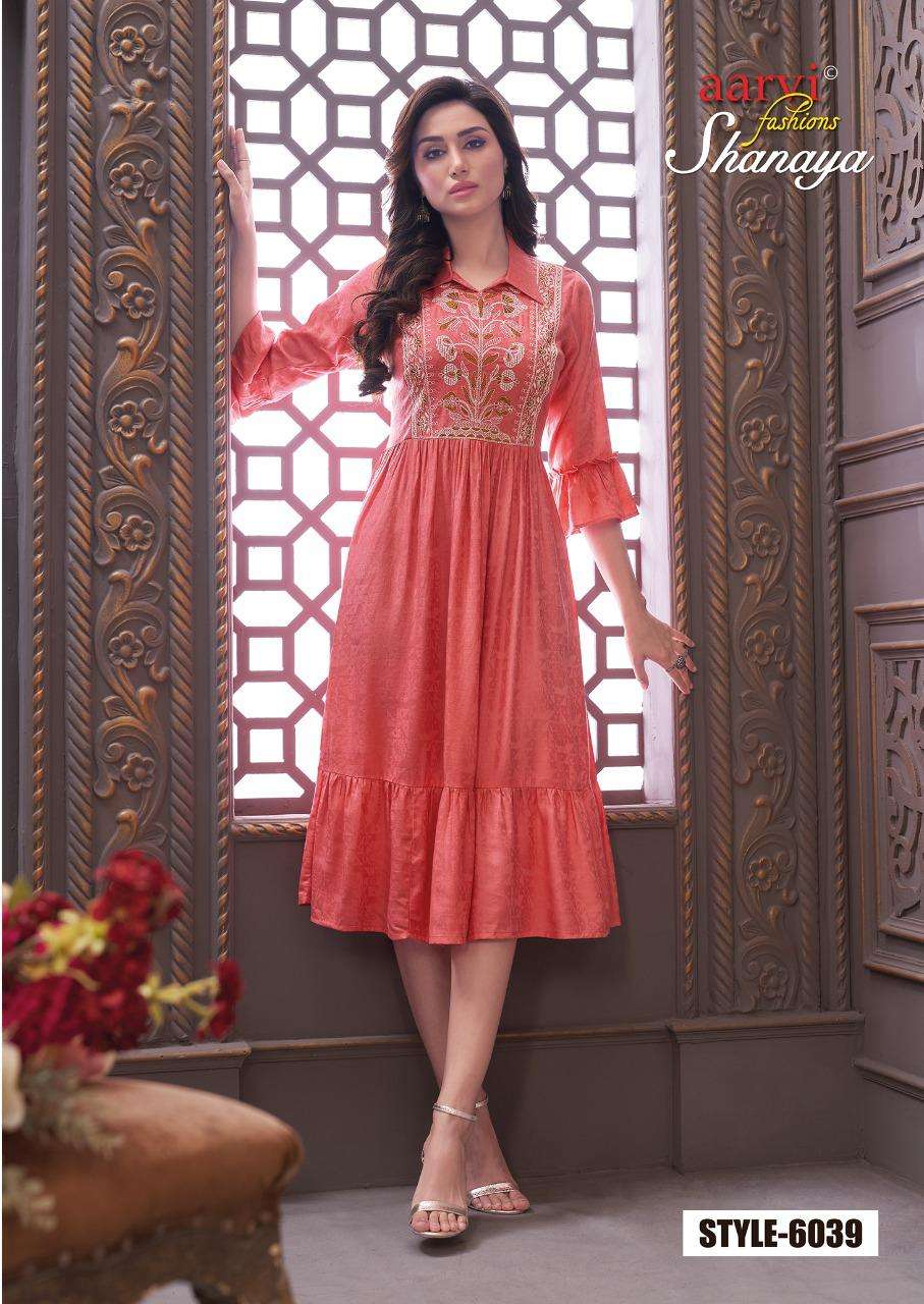 SHANAYA VOL-4 BY AARVI FASHION 6037 TO 6041 SERIES DESIGNER STYLISH FANCY COLORFUL BEAUTIFUL PARTY WEAR & ETHNIC WEAR COLLECTION RAYON JACQUARD KURTIS AT WHOLESALE PRICE