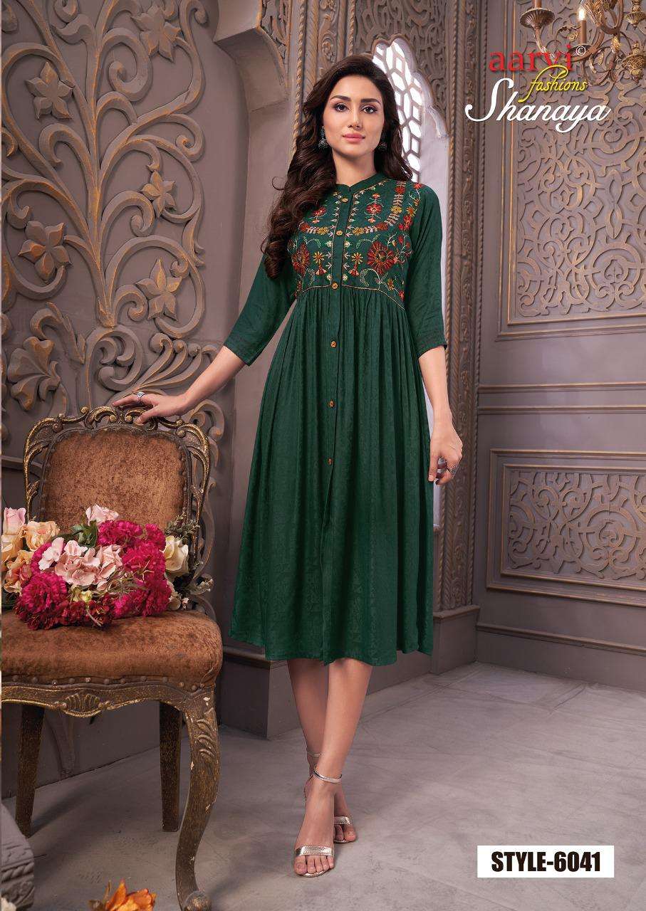 SHANAYA VOL-4 BY AARVI FASHION 6037 TO 6041 SERIES DESIGNER STYLISH FANCY COLORFUL BEAUTIFUL PARTY WEAR & ETHNIC WEAR COLLECTION RAYON JACQUARD KURTIS AT WHOLESALE PRICE