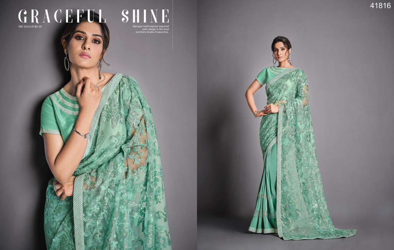 EILEEN BY MAHOTSAV 41805 TO 41819 SERIES INDIAN TRADITIONAL WEAR COLLECTION BEAUTIFUL STYLISH FANCY COLORFUL PARTY WEAR & OCCASIONAL WEAR LYCRA/NET SAREES AT WHOLESALE PRICE