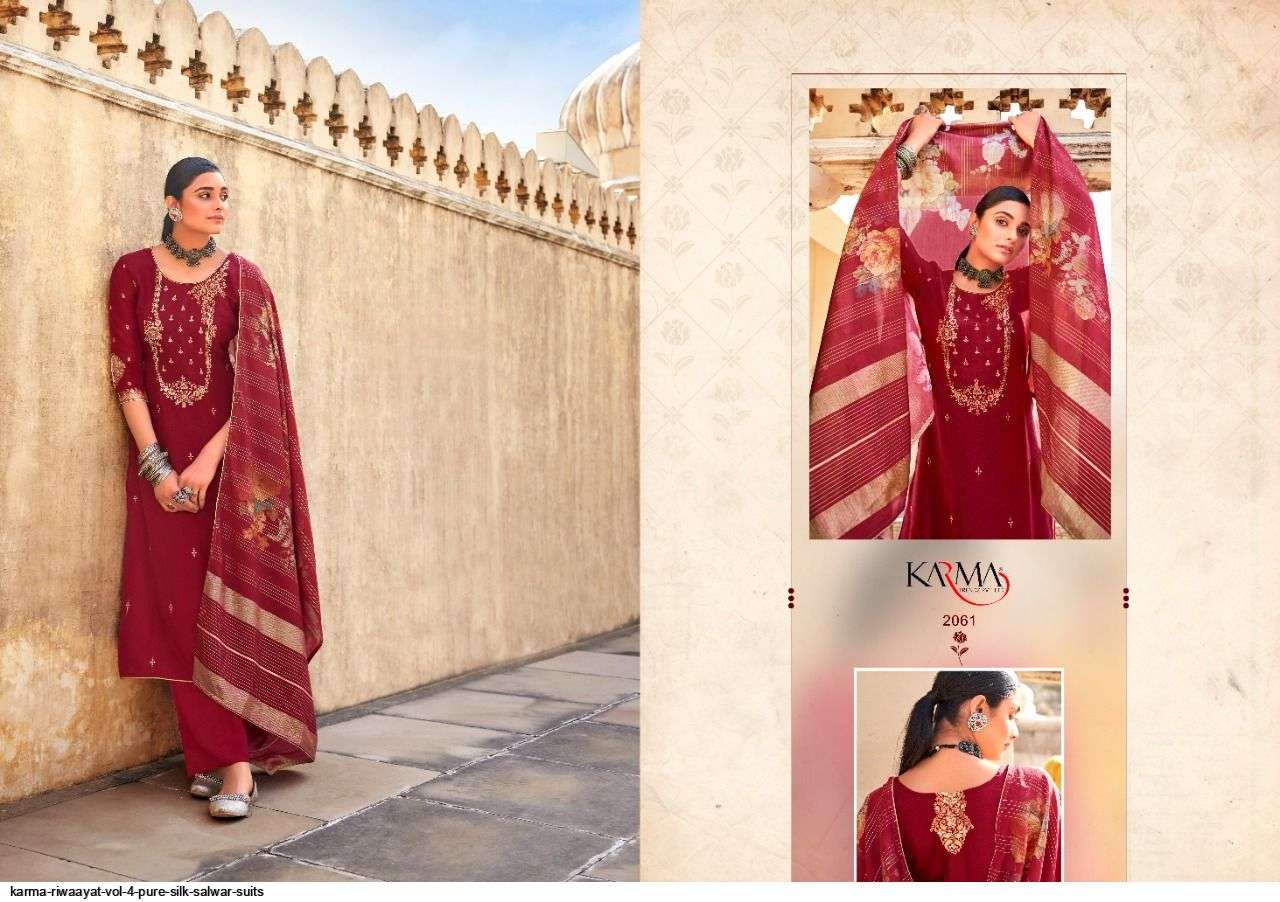 RIWAAYAT VOL-4 BY KARMA TRENDZ 2061 TO 2067 SERIES BEAUTIFUL SUITS COLORFUL STYLISH FANCY CASUAL WEAR & ETHNIC WEAR PURE SILK JACQUARD DRESSES AT WHOLESALE PRICE