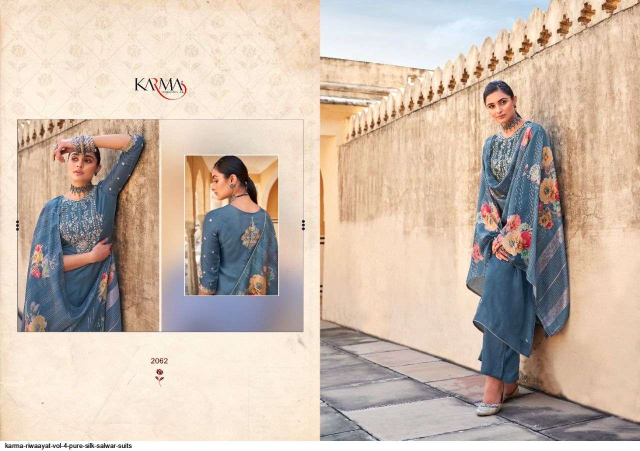 RIWAAYAT VOL-4 BY KARMA TRENDZ 2061 TO 2067 SERIES BEAUTIFUL SUITS COLORFUL STYLISH FANCY CASUAL WEAR & ETHNIC WEAR PURE SILK JACQUARD DRESSES AT WHOLESALE PRICE