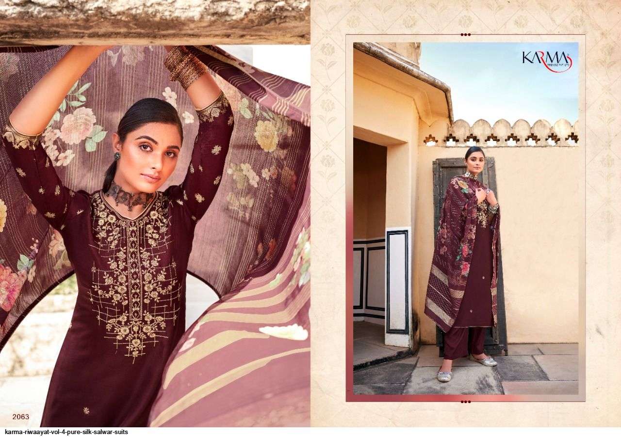 RIWAAYAT VOL-4 BY KARMA TRENDZ 2061 TO 2067 SERIES BEAUTIFUL SUITS COLORFUL STYLISH FANCY CASUAL WEAR & ETHNIC WEAR PURE SILK JACQUARD DRESSES AT WHOLESALE PRICE