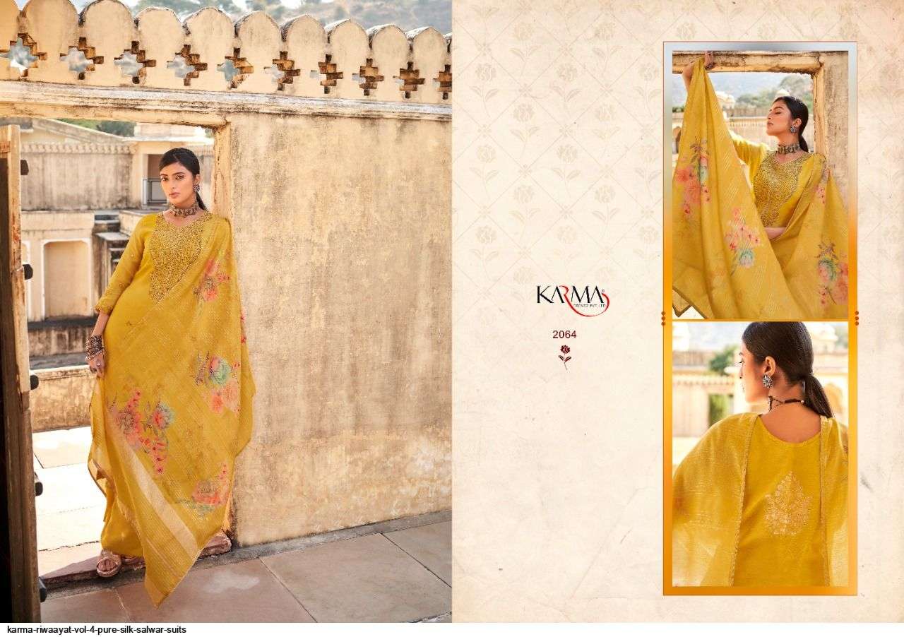 RIWAAYAT VOL-4 BY KARMA TRENDZ 2061 TO 2067 SERIES BEAUTIFUL SUITS COLORFUL STYLISH FANCY CASUAL WEAR & ETHNIC WEAR PURE SILK JACQUARD DRESSES AT WHOLESALE PRICE