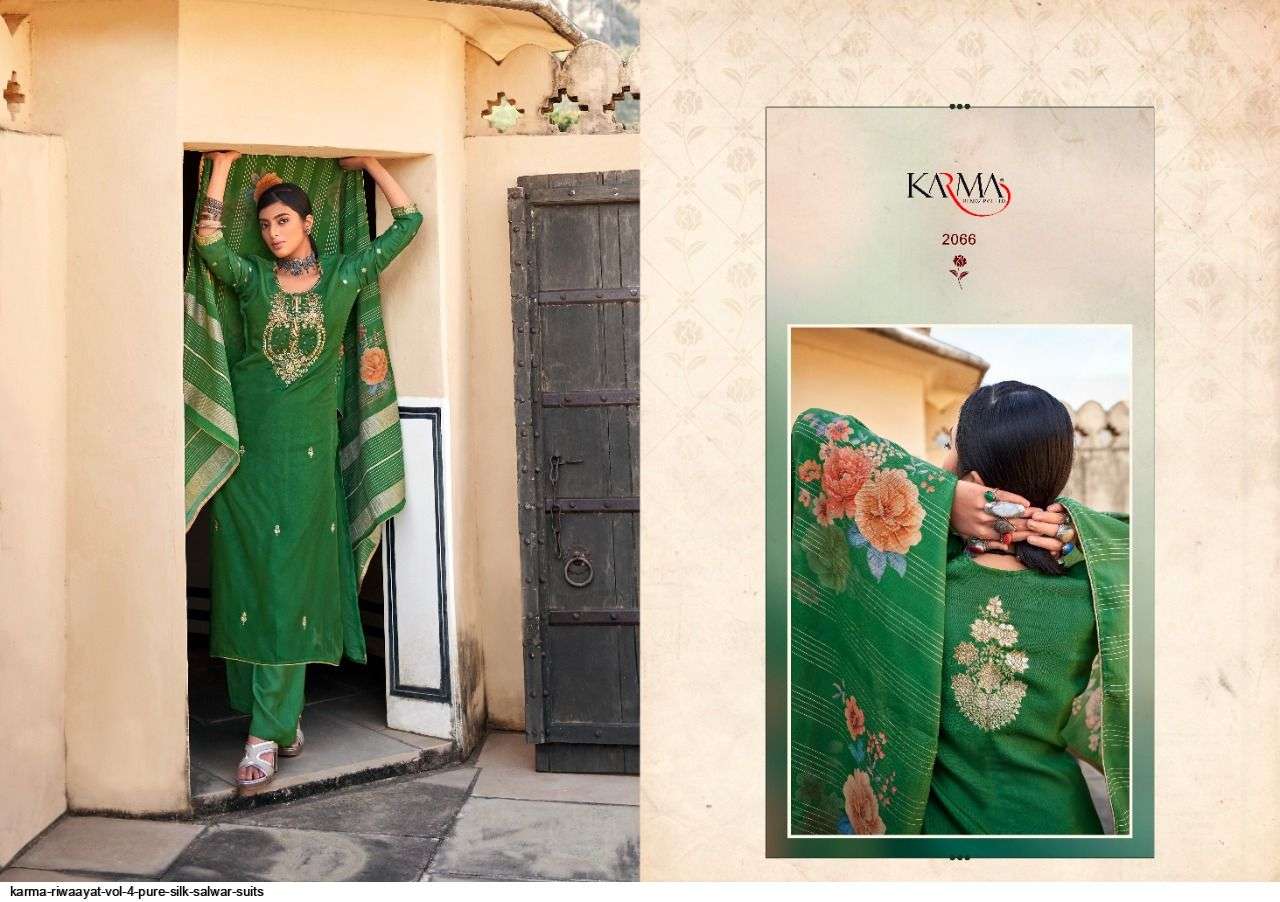 RIWAAYAT VOL-4 BY KARMA TRENDZ 2061 TO 2067 SERIES BEAUTIFUL SUITS COLORFUL STYLISH FANCY CASUAL WEAR & ETHNIC WEAR PURE SILK JACQUARD DRESSES AT WHOLESALE PRICE