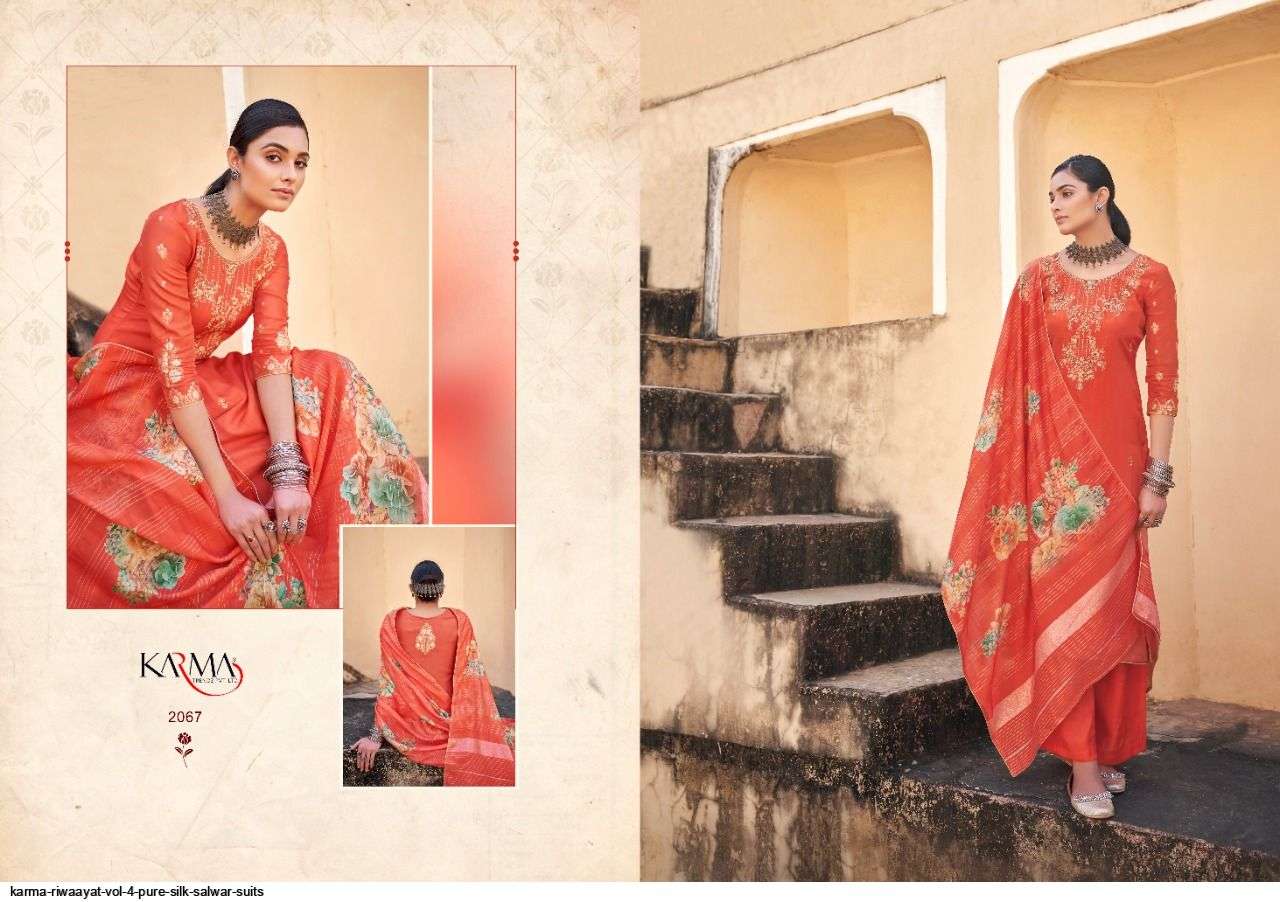 RIWAAYAT VOL-4 BY KARMA TRENDZ 2061 TO 2067 SERIES BEAUTIFUL SUITS COLORFUL STYLISH FANCY CASUAL WEAR & ETHNIC WEAR PURE SILK JACQUARD DRESSES AT WHOLESALE PRICE