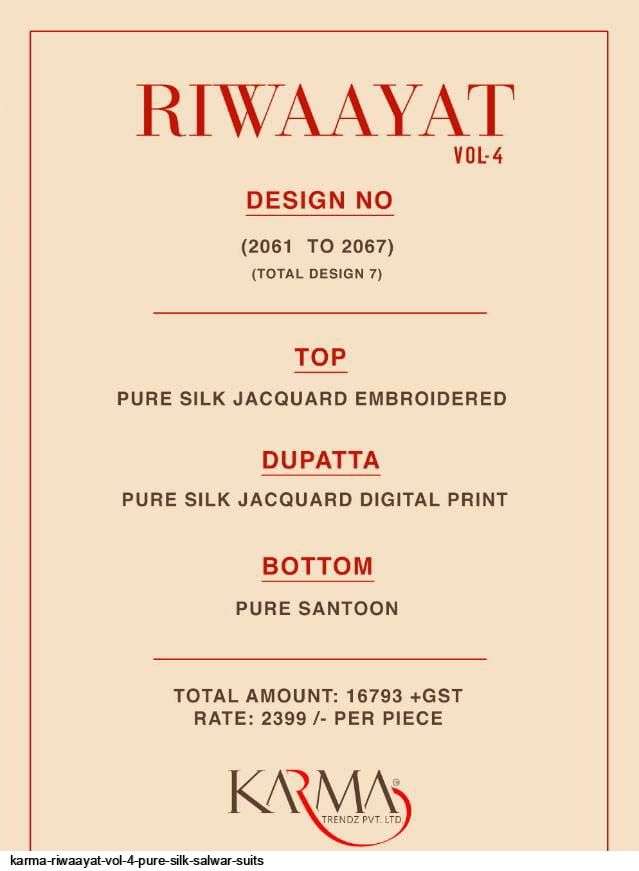 RIWAAYAT VOL-4 BY KARMA TRENDZ 2061 TO 2067 SERIES BEAUTIFUL SUITS COLORFUL STYLISH FANCY CASUAL WEAR & ETHNIC WEAR PURE SILK JACQUARD DRESSES AT WHOLESALE PRICE