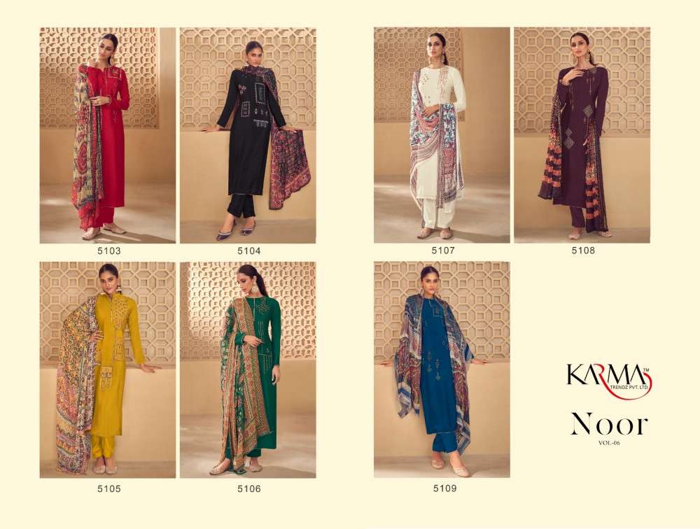 NOOR VOL-6 BY KARMA TRENDZ 5103 TO 5109 SERIES BEAUTIFUL COLORFUL STYLISH PRETTY PARTY WEAR CASUAL WEAR OCCASIONAL WEAR CREPE EMBROIDERED DRESSES AT WHOLESALE PRICE