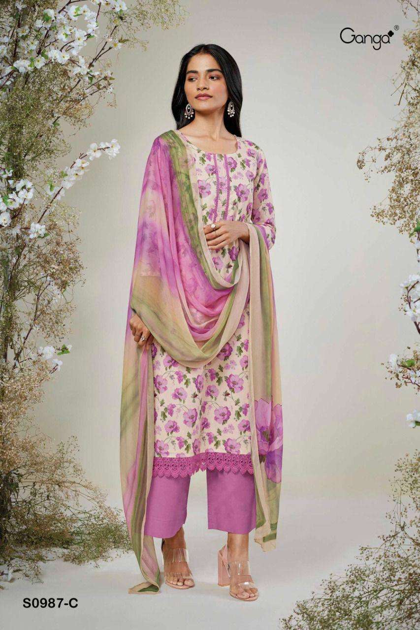 INNA-987 BY GANGA FASHION 987-A TO 987-D SERIES BEAUTIFUL SUITS COLORFUL STYLISH FANCY CASUAL WEAR & ETHNIC WEAR SUPERIOR COTTON PRINT WITH EMBROIDERY WORK DRESSES AT WHOLESALE PRICE
