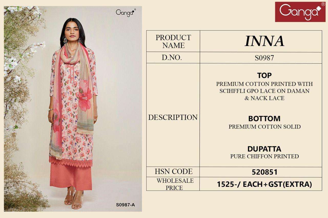 INNA-987 BY GANGA FASHION 987-A TO 987-D SERIES BEAUTIFUL SUITS COLORFUL STYLISH FANCY CASUAL WEAR & ETHNIC WEAR SUPERIOR COTTON PRINT WITH EMBROIDERY WORK DRESSES AT WHOLESALE PRICE