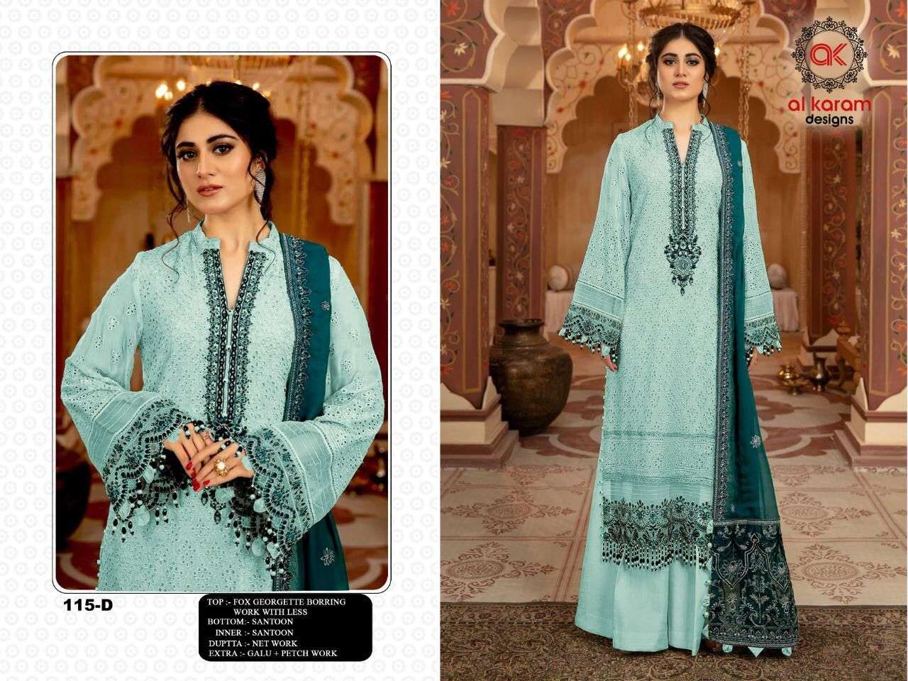 AL KARAM 115 COLOURS BY AL KARAM 115-A TO 115-F SERIES DESIGNS DESIGNER PAKISTANI SUITS BEAUTIFUL STYLISH FANCY COLORFUL PARTY WEAR & OCCASIONAL WEAR HEAVY GEORGETTE EMBROIDERED DRESSES AT WHOLESALE PRICE