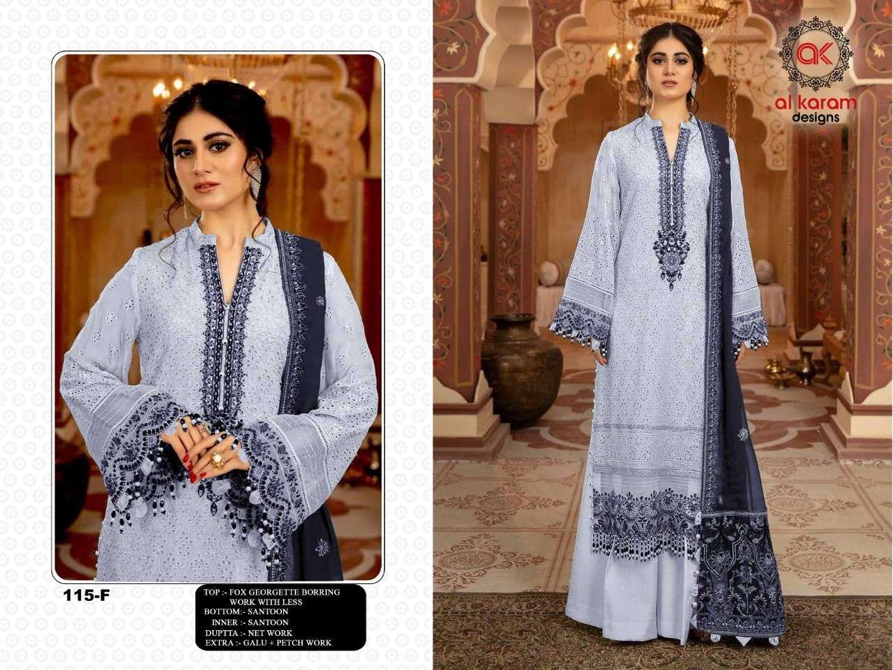AL KARAM 115 COLOURS BY AL KARAM 115-A TO 115-F SERIES DESIGNS DESIGNER PAKISTANI SUITS BEAUTIFUL STYLISH FANCY COLORFUL PARTY WEAR & OCCASIONAL WEAR HEAVY GEORGETTE EMBROIDERED DRESSES AT WHOLESALE PRICE