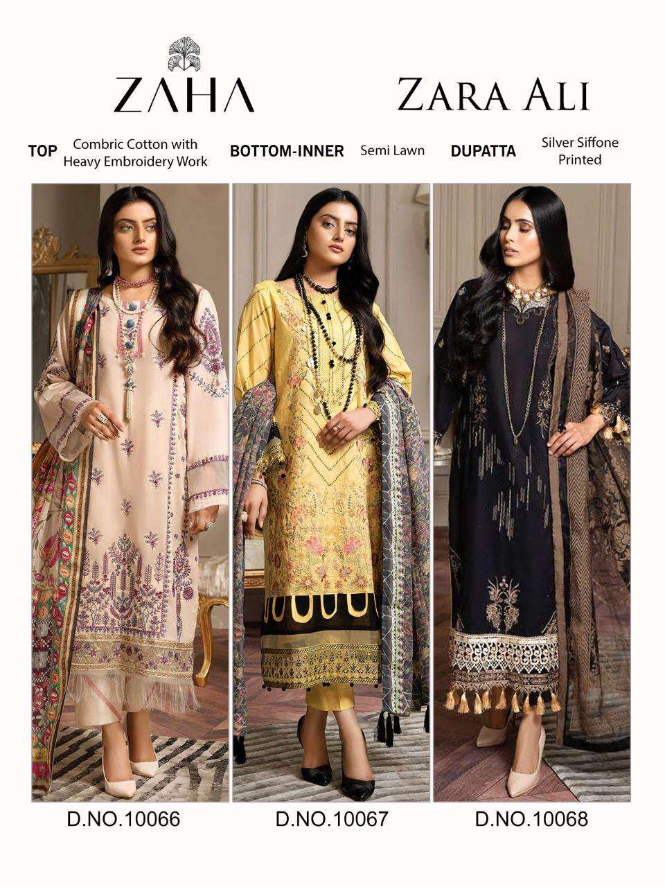 ZARA ALI BY ZAHA 10066 TO 10068 SERIES BEAUTIFUL PAKISTANI SUITS COLORFUL STYLISH FANCY CASUAL WEAR & ETHNIC WEAR CAMBRIC COTTON DRESSES AT WHOLESALE PRICE