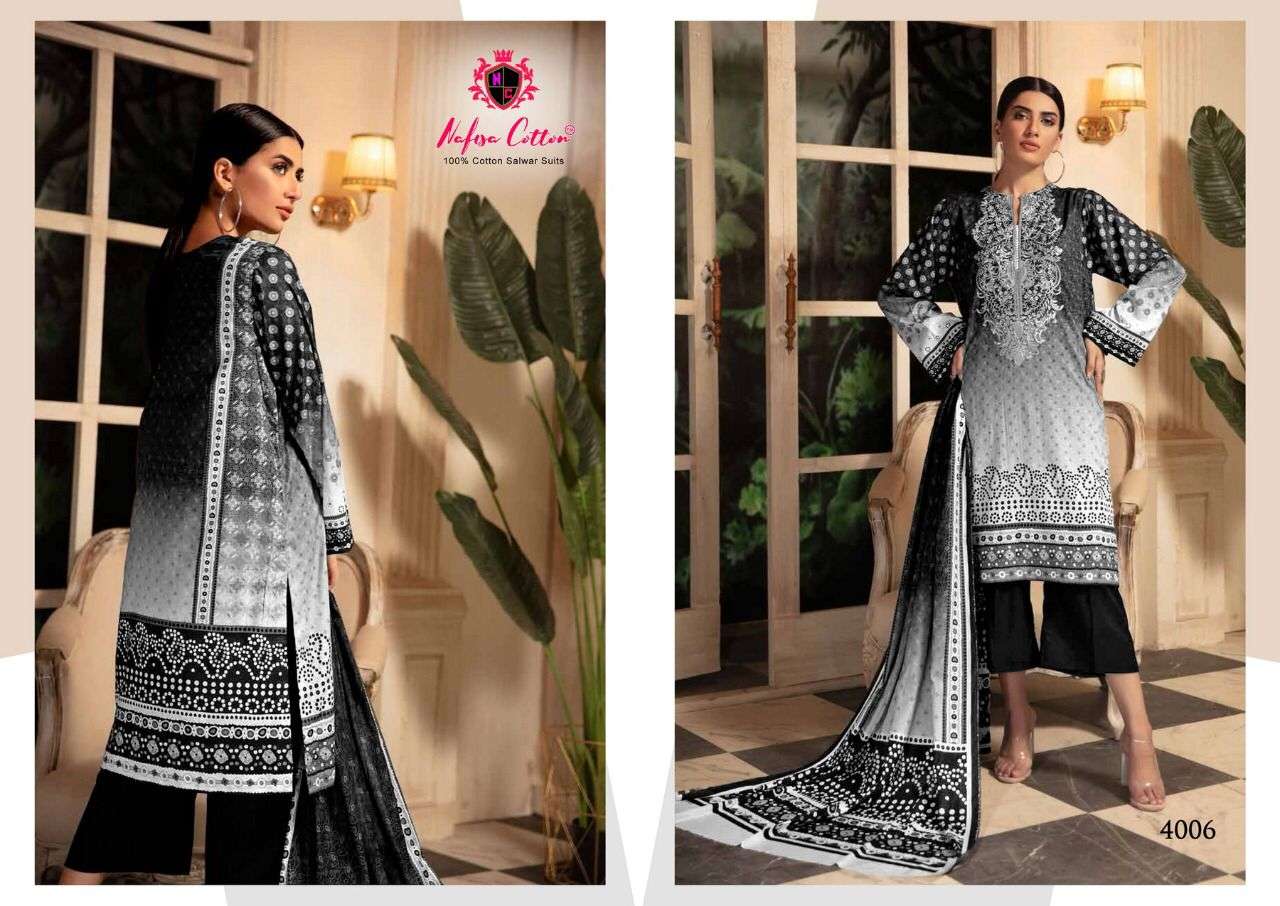 Black And White Vol-4 By Nafisa Cotton 4001 To 4006 Series Beautiful Suits Colorful Stylish Fancy Casual Wear & Ethnic Wear Pure Cotton Dresses At Wholesale Price