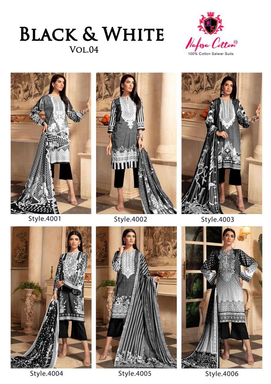 Black And White Vol-4 By Nafisa Cotton 4001 To 4006 Series Beautiful Suits Colorful Stylish Fancy Casual Wear & Ethnic Wear Pure Cotton Dresses At Wholesale Price