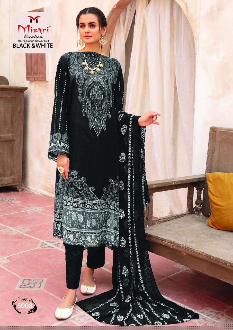BLACK AND WHITE VOL-5 BY MISHRI CREATION 5001 TO 5006 SERIES BEAUTIFUL SUITS COLORFUL STYLISH FANCY CASUAL WEAR & ETHNIC WEAR PURE COTTON DRESSES AT WHOLESALE PRICE